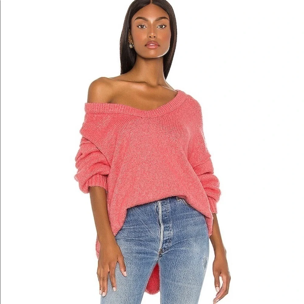 New Free People Brookside Tunic Oversized Sweater in Pink Lightning Boho Sz XS